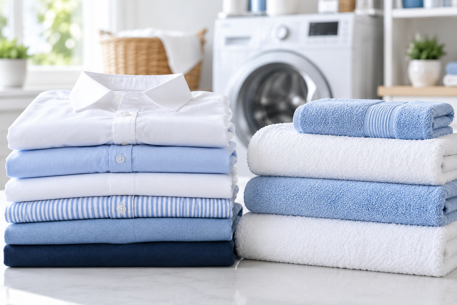 Freshly folded blue and white laundry